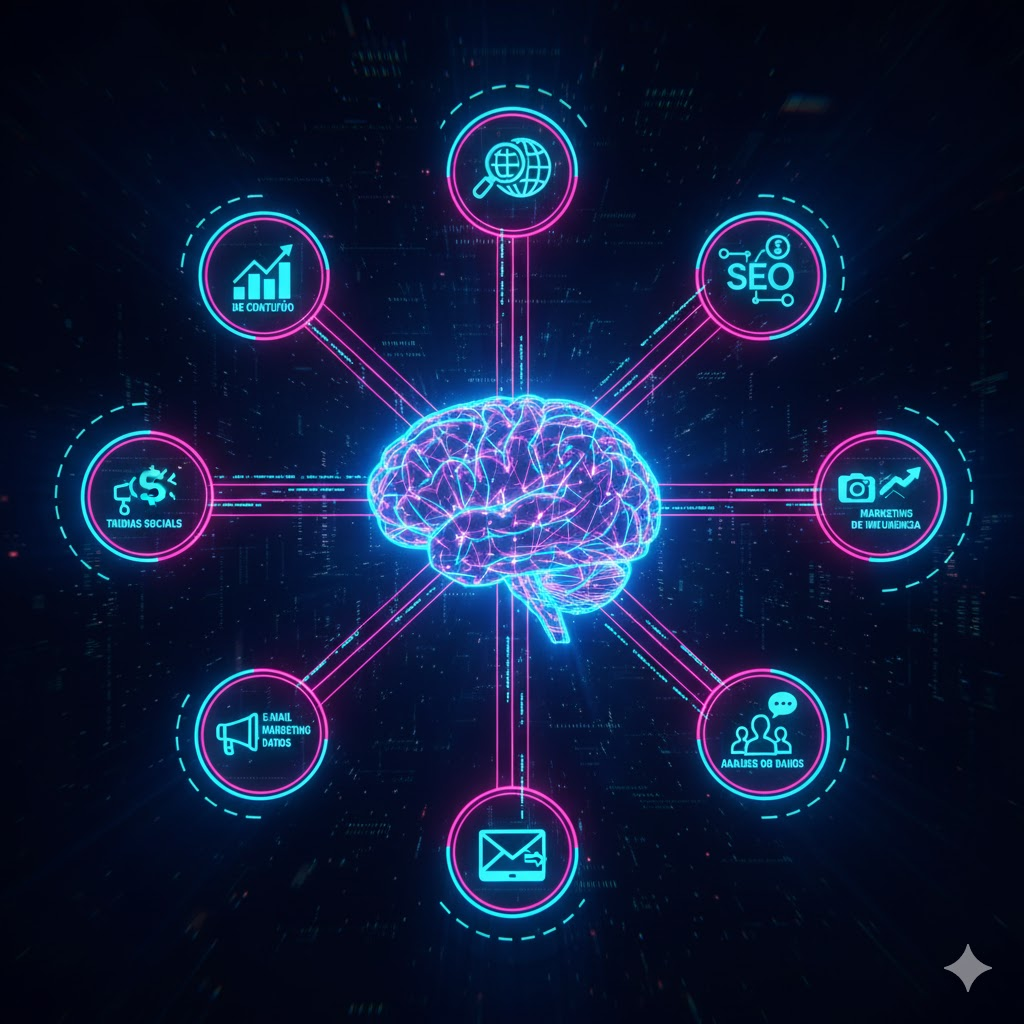 Guia completo de marketing digital com o cérebro representando as estratégias conectadas
